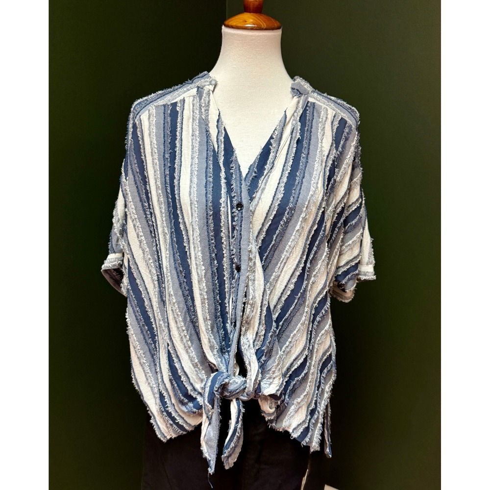 For The Republic Blue and White Striped Fringe Tie Front‎ Top Women's Size M